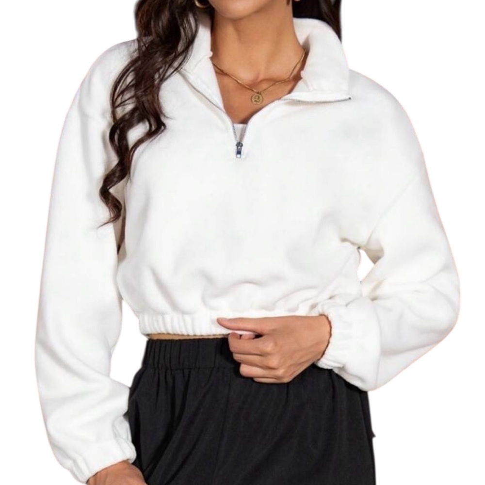 Womens Cream Cropped 1/4 Zip‎ Sweatshirt XL